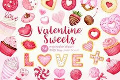 Watercolor Valentine Sweets Clipart, Love Cookie Cupcake PNG Product Image 1
