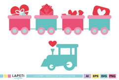 Kids valentine decoration graphics with pastel train and heart elements