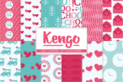 Valentine train digital paper pack with cute pink and teal patterns.