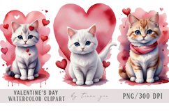 Watercolor cute Valentines day cat clipart- 3 png Product Image 1