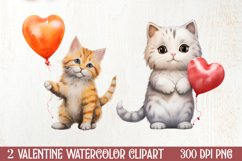 Watercolor Cat Heart Valentine Clipart, Valentines PNG Product Image 1