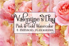 Valentine&#039;s Day, Pink &amp; Gold Watercolor Backgrounds, s17 Product Image 1