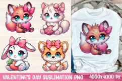 Valentine’s Day sublimation PNG set with cute fox, kitten, bunny, and corgi in pastel colors holding hearts and sweets.