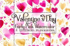Valentine&#039;s Day, Girly Pink Watercolor Seamless Patterns, 12 Product Image 1