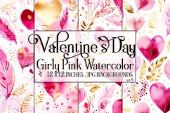 Valentine's Day, Girly Pink Watercolor Seamless Patterns, s4 Product Image 1