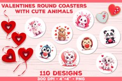 Valentines Round Coasters with Cute Animals and Hearts Product Image 1