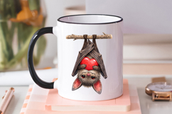 Digital bat Valentine PNG with a hanging bat holding a heart. High detail illustration with textured fur, dark wings, and a bold red heart for cards, stickers, and crafts.