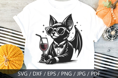 Cool vampire bat in tuxedo and bow tie, wearing sunglasses and holding a wine glass with a straw. Perfect for Halloween party designs, gothic humor, spooky t-shirts, stickers, tattoos, posters, and dark bar decor.