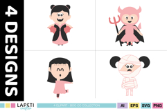Halloween costume clipart set with four adorable children in spooky outfits.