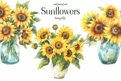 Sunflower bouquets clipart. Watercolor sunflowers frame PNG Product Image 1