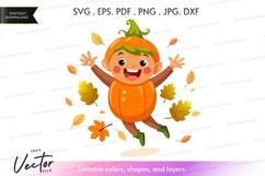 Pumpkin kid jumping in leaves vector clipart Product Image 1