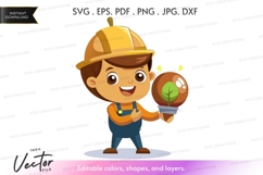 Young boy in construction gear holding a potted plant Product Image 1