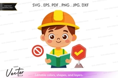 Young boy in construction gear reading a book Product Image 1