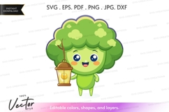 Happy broccoli character holding lantern Product Image 1