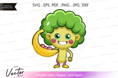 Happy broccoli character holding bananas Product Image 1