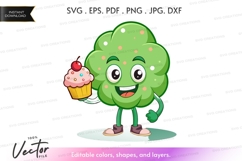 Cute broccoli character holding a cupcake Product Image 1