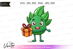 Happy leaf character holding a gift box Product Image 1