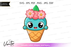 Cute ice cream with flowers vector silhouette clipart Product Image 1