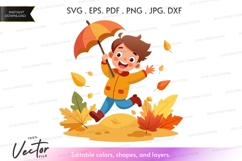 Child playing in fall leaves with umbrella Product Image 1