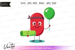 Playful bean character with balloon and yoga mat Product Image 1