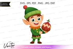 Happy elf holding an apple - vector silhouette Product Image 1