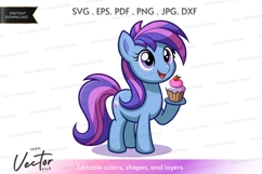 Blue pony with purple mane holding a cupcake - vector silhou Product Image 1