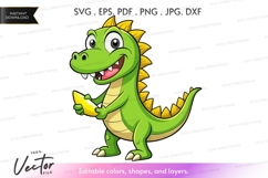 Cute green dinosaur holding banana - vector silhouette Product Image 1