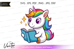 Rainbow unicorn reading book vector silhouette Product Image 1