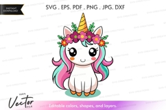 Cute unicorn with flower crown and horn vector silhouette Product Image 1