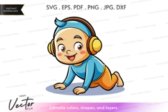 Happy baby with headphones - vector silhouette Product Image 1