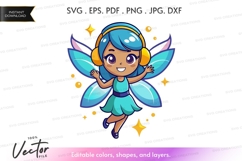 Happy fairy listening to music - vector silhouette Product Image 1