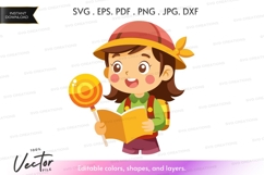 Adventurous girl with lollipop and book - vector silhouette Product Image 1