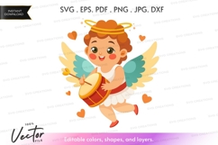 Cute angel playing drum vector silhouette Product Image 1