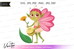 Fairy with pink wings holding a flower - vector silhouette Product Image 1