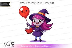Happy witch with balloon vector silhouette Product Image 1