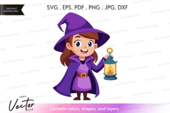 Cheerful witch holding a lantern - vector silhouette Product Image 1
