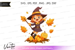 Happy witch in autumn vector silhouette Product Image 1