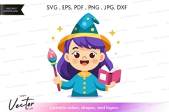 Young witch with magic wand and book - vector silhouette Product Image 1