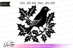 Bird on holly branch vector silhouette Product Image 1