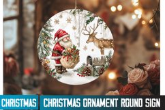 Design a round sign featuring a watercolor illustration of a Christmas gnome and reindeer. The gnome is wearing a red checked hat and sweater, with soft, blended watercolor hues of red, white, and green to create a warm, cozy look. The reindeer, in soft b