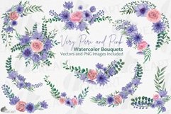 Watercolor Very Peri and Pink flower bouquet graphics art. Product Image 1