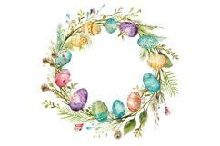 Easter wreath of pastel eggs and spring flowers clipart PNG Product Image 1