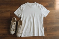 White T-shirt on a wooden background Product Image 1
