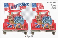 Veterans Day Clipart, Patriotic Red Truck, Watercolor PNG Product Image 1
