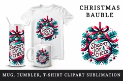 Vibrant Christmas bauble pine branche ribbon Season Joy Cheer quote print 20 oz tumbler skinny mug wrap clipart t-shirt sublimation printable design
