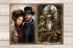 Victorian Christmas Black Junk Journal Pages. Black couple a man in a black hat and coat, a woman in a brown dress with a red headscarf. Antique vintage lamp with candles inside decorated with Holly berries and leaves, spruce branches and cones