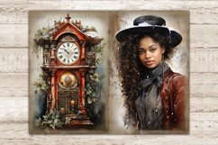 Victorian Christmas Black Junk Journal Pages. A black girl wearing a red Victorian cloak over a gray dress and a black hat with snow on it. Old vintage red clock with Roman numerals on the dial decorated with Holly Holly leaves