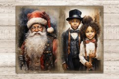 Victorian Christmas Black Junk Journal Pages. Black Victorian Santa Claus with rimless glasses and a Santa hat. Black children boy and girl in Victorian clothes celebrate Christmas. Boy in a hat and suit. Girl in a white shirt with a red bow, black skirt.