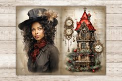 Victorian Christmas Black Junk Journal Pages. A black brunette in a Victorian hat and dress with a red scarf around her neck. Victorian tower with a red roof with Christmas decorations - balls, toys and fir branches. Vintage vintage clock with roman dials