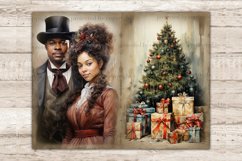 Victorian Christmas Black Junk Journal Pages. Young black couple. A man in a black hat and jacket and tie. A woman with brown hair with berries in her hair and a red Victorian dress with a white collar. Christmas tree with balls, a star and many gifts